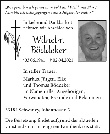 Traueranzeige von Wilhelm Böddeker von Westfalen-Blatt