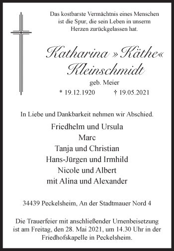 Traueranzeige von Katharina Kleinschmidt von Westfalen-Blatt