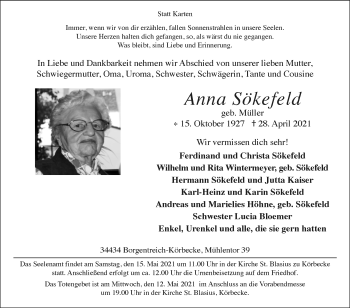 Traueranzeige von Anna Sökefeld von Westfalen-Blatt