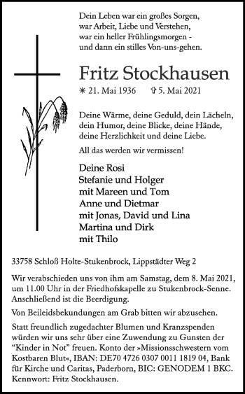 Traueranzeige von Fritz Stockhausen von Westfalen-Blatt