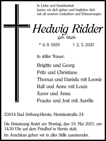 Traueranzeige von Hedwig Ridder von Westfalen-Blatt