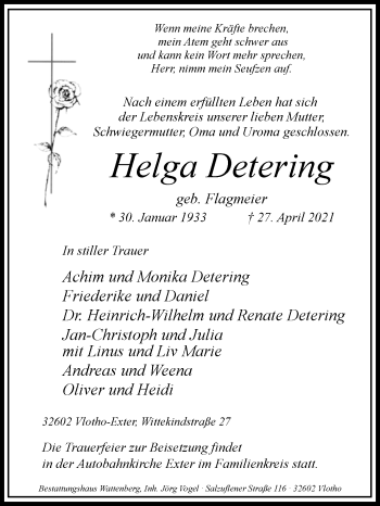 Traueranzeige von Helga Detering von Westfalen-Blatt