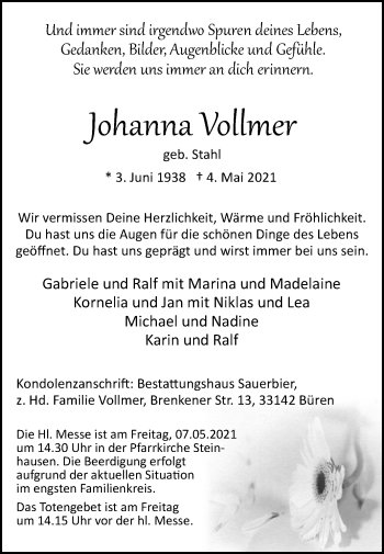 Traueranzeige von Johanna Vollmer von Westfalen-Blatt