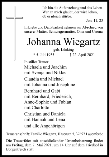 Traueranzeige von Johanna Wiegartz von Westfalen-Blatt