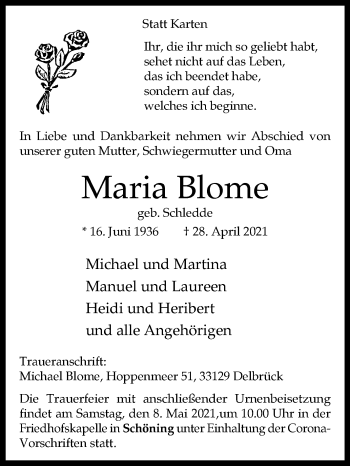 Traueranzeige von Maria Blome von Westfalen-Blatt