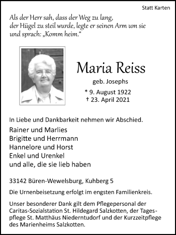 Traueranzeige von Maria Reiss von Westfalen-Blatt