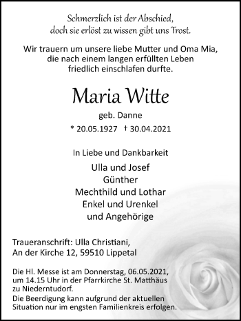 Traueranzeige von Maria Witte von Westfalen-Blatt