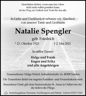 Traueranzeige von Natalie Spengler von Westfalen-Blatt