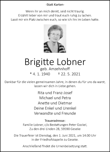 Traueranzeige von Brigitte Lobner von Westfalen-Blatt