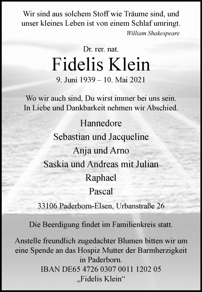  Traueranzeige für Fidelis Klein vom 15.05.2021 aus Westfalen-Blatt