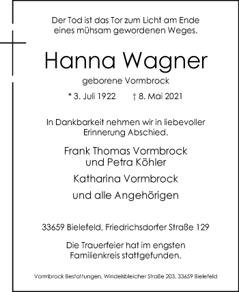 Traueranzeige von Hanna Wagner von Westfalen-Blatt