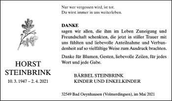 Traueranzeige von Horst Steinbrink von Westfalen-Blatt