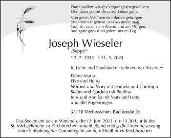 Traueranzeige von Joseph Wieseler von Westfalen-Blatt