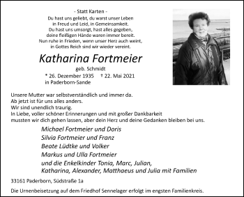 Traueranzeige von Katharina Fortmeier von Westfalen-Blatt