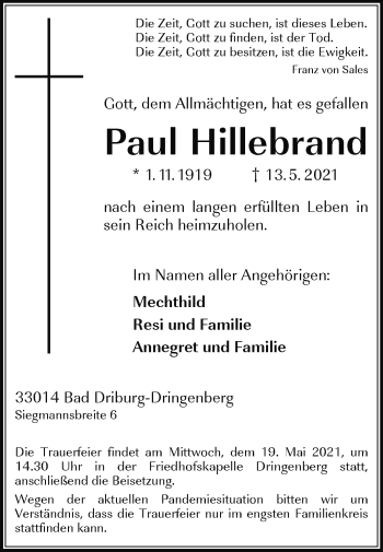 Traueranzeige von Paul Hillebrand von Westfalen-Blatt