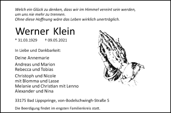 Traueranzeige von Werner Klein von Westfalen-Blatt