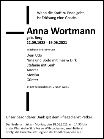 Traueranzeige von Anna Wortmann von Westfalen-Blatt