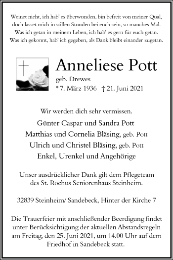 Traueranzeige von Anneliese Pott von Westfalen-Blatt