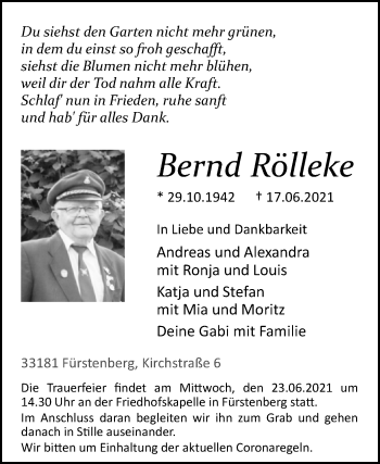 Traueranzeige von Bernd Rölleke von Westfalen-Blatt