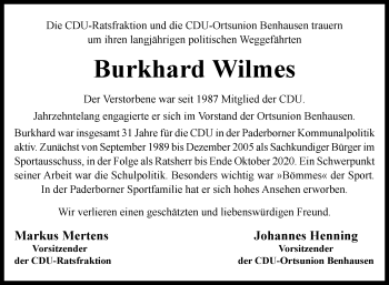 Traueranzeige von Burkhard Wilmes von Westfalen-Blatt