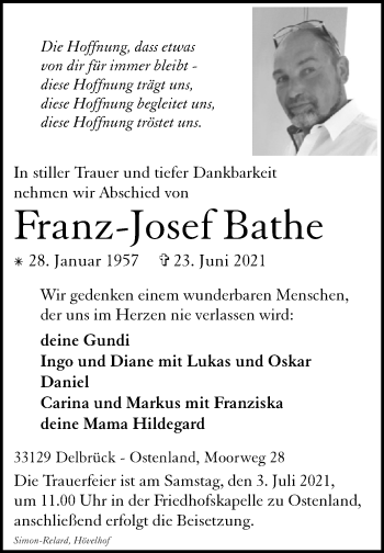 Traueranzeige von Franz-Josef Bathe von Westfalen-Blatt