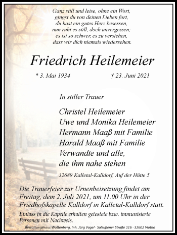 Traueranzeige von Friedrich Heilemeier von Westfalen-Blatt