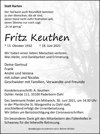 Traueranzeige von Fritz Keuthen von Westfalen-Blatt