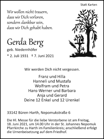 Traueranzeige von Gerda Berg von Westfalen-Blatt