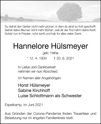 Traueranzeige von Hannelore Hülsmeyer von Westfalen-Blatt