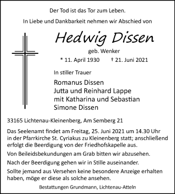 Traueranzeige von Hedwig Dissen von Westfalen-Blatt