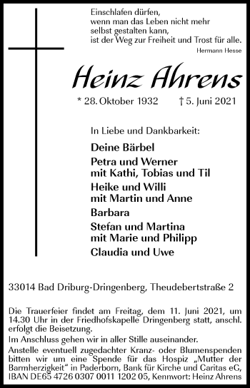 Traueranzeige von Heinz Arens von Westfalen-Blatt