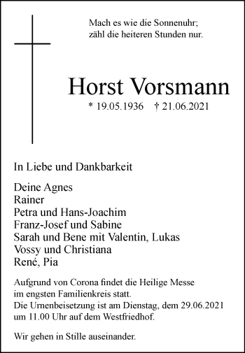 Traueranzeige von Horst Vorsmann von Westfalen-Blatt