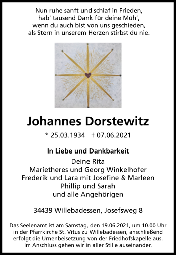 Traueranzeige von Johannes Dorstewitz von Westfalen-Blatt