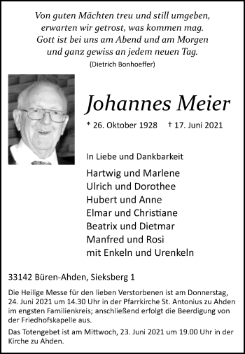 Traueranzeige von Johannes Meier von Westfalen-Blatt