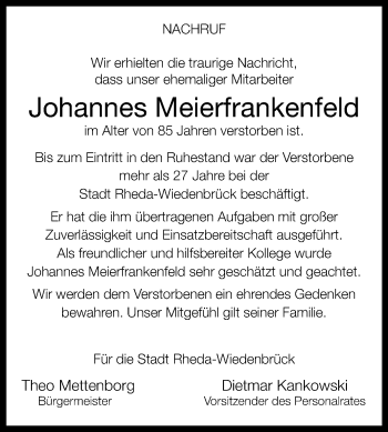 Traueranzeige von Johannes Meierfrankenfeld von Westfalen-Blatt