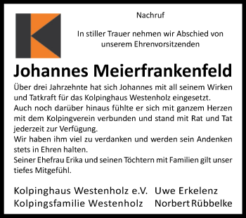 Traueranzeige von Johannes Meierfrankenfeld von Westfalen-Blatt