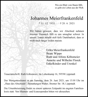 Traueranzeige von Johannes Meierfrankenfeld von Westfalen-Blatt