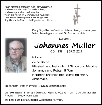 Traueranzeige von Johannes Müller von Westfalen-Blatt