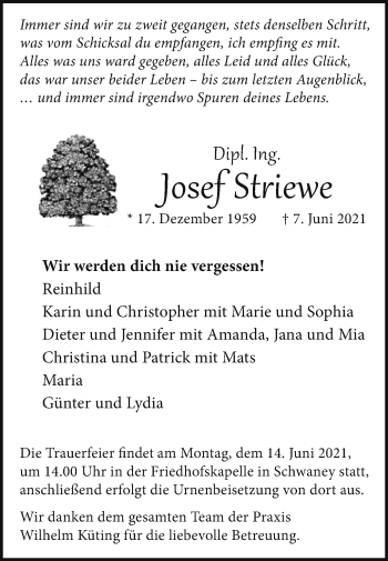 Traueranzeige von Josef Striewe von Westfalen-Blatt