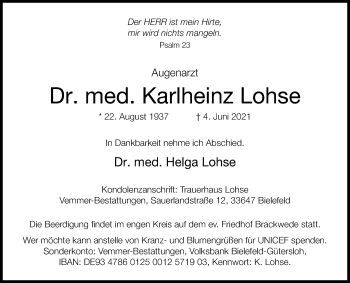 Traueranzeige von Karlheinz Lohse von Westfalen-Blatt