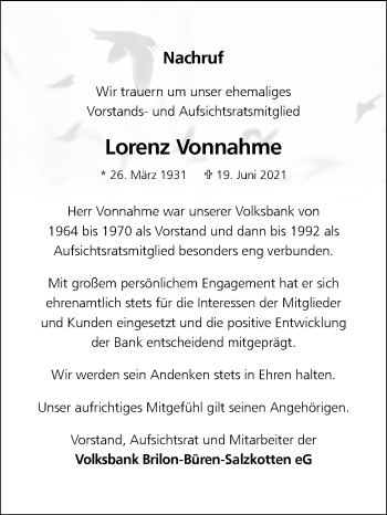 Traueranzeige von Lorenz Vonnahme von Westfalen-Blatt