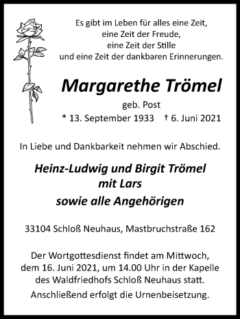 Traueranzeige von Margarethe Trömel von Westfalen-Blatt