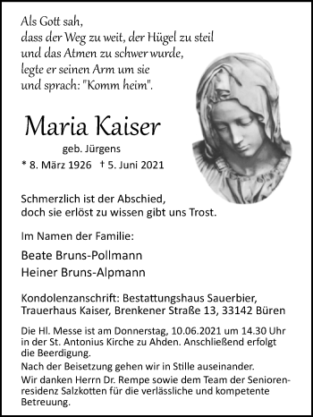 Traueranzeige von Maria Kaiser von Westfalen-Blatt