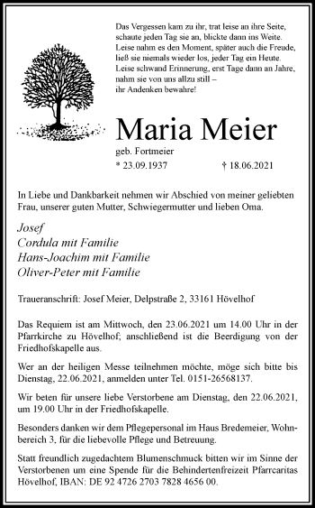 Traueranzeige von Maria Meier von Westfalen-Blatt