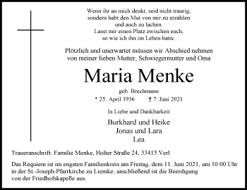 Traueranzeige von Maria Menke von Westfalen-Blatt