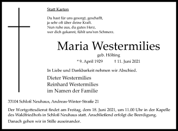 Traueranzeige von Maria Westermilies von Westfalen-Blatt