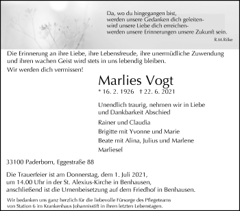 Traueranzeige von Marlies Vogt von Westfalen-Blatt