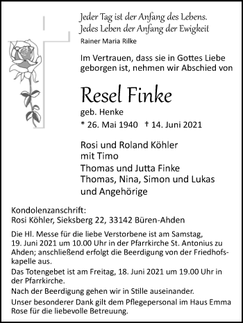 Traueranzeige von Resel Finke von Westfalen-Blatt