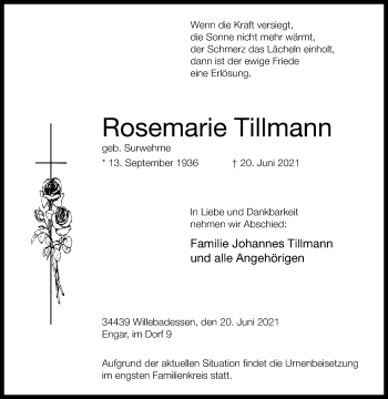 Traueranzeige von Rosemarie Tillmann von Westfalen-Blatt