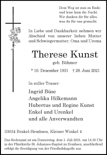 Traueranzeige von Therese Kunst von Westfalen-Blatt